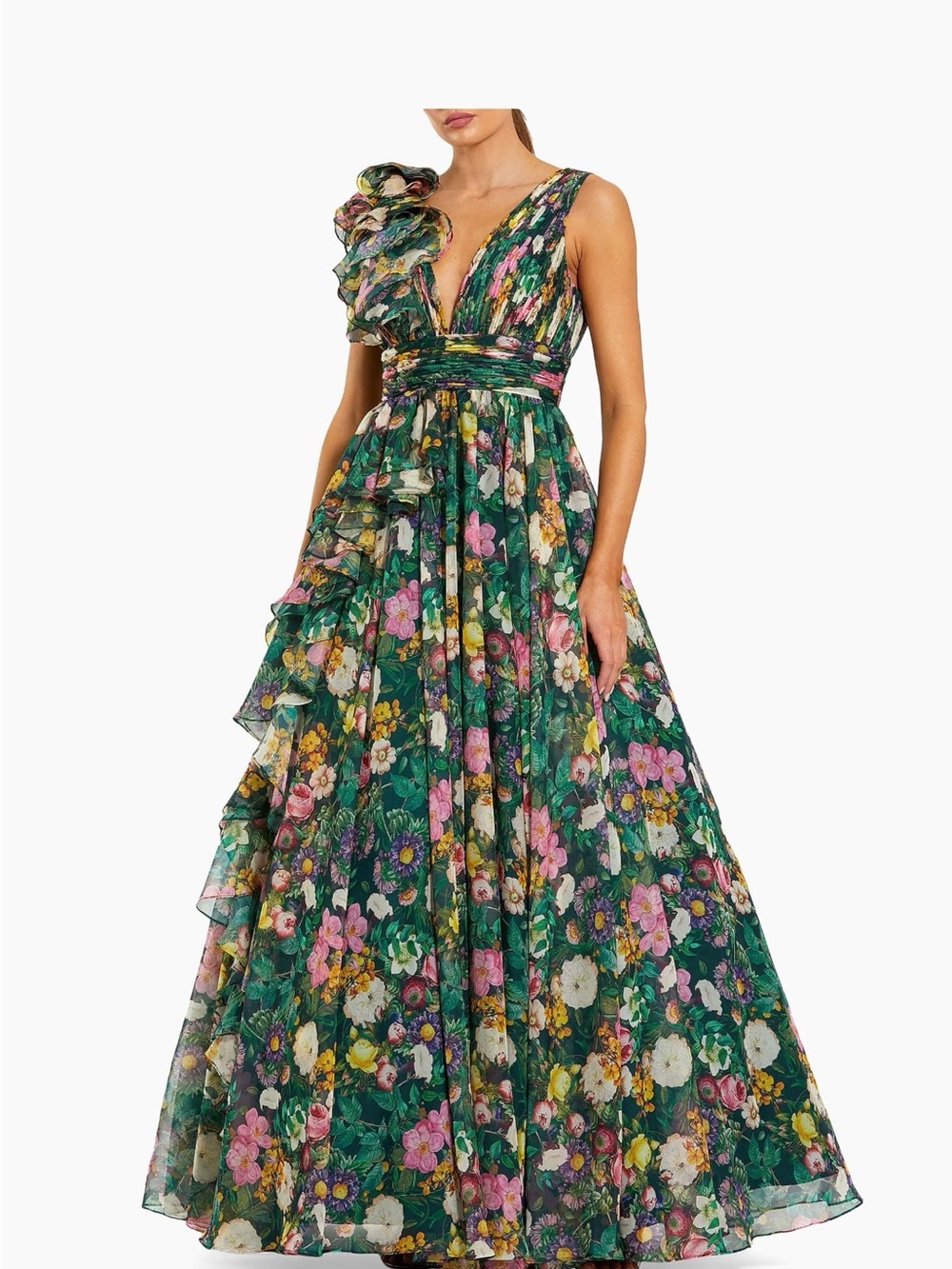 Mac Duggal Green Sleeveless V-Neck Floral Chiffon Ruffle Ball Gown